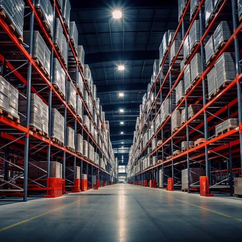 Warehouse with cardboard boxes inside on pallets racks, logistic center. huge, large modern warehouse